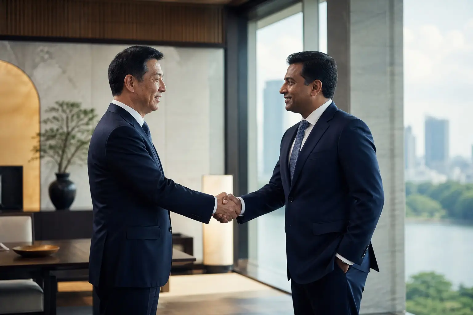 Japanese and Sri Lankan business leaders greeting one another