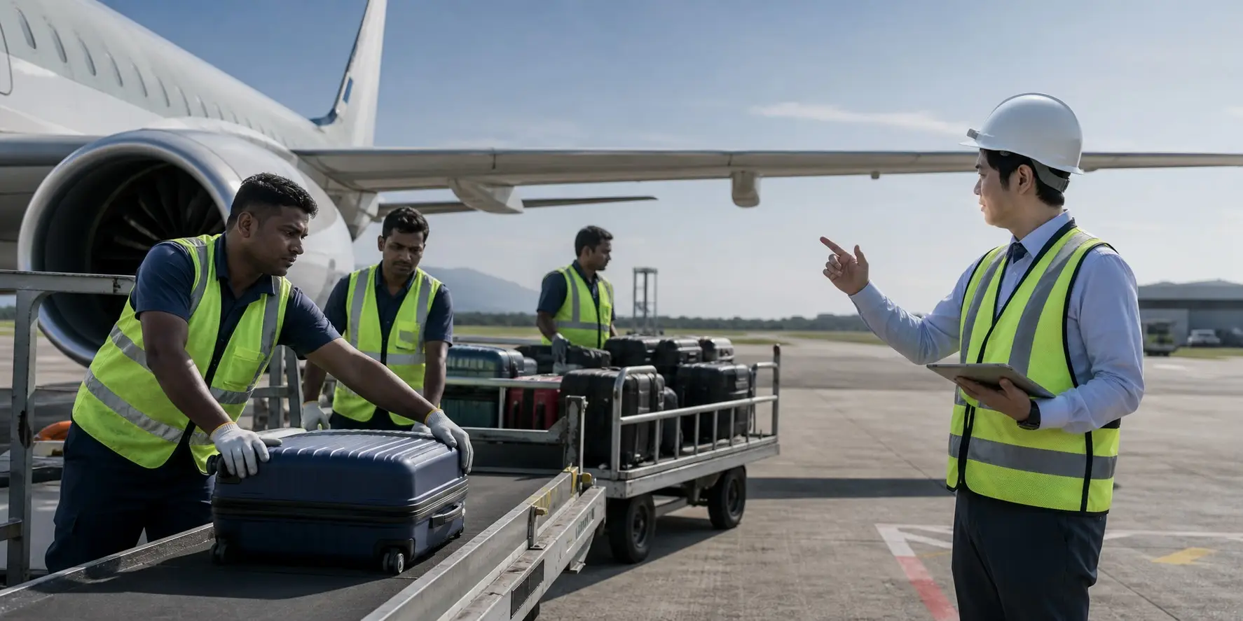 Sri Lankan airport ground handling workers with a Japanese supervisor