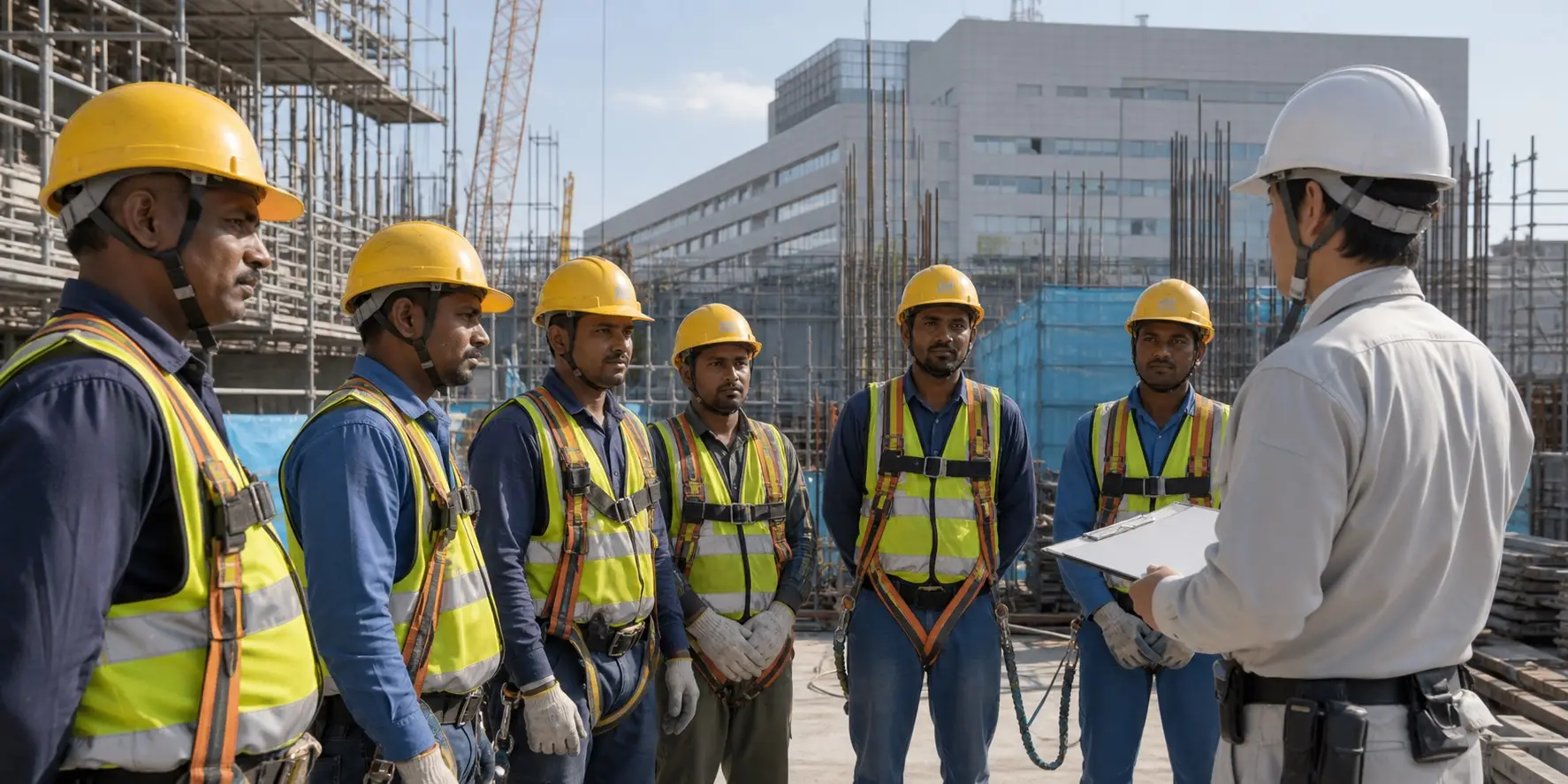 Sri Lankan construction workers attending a Japanese workplace safety briefing