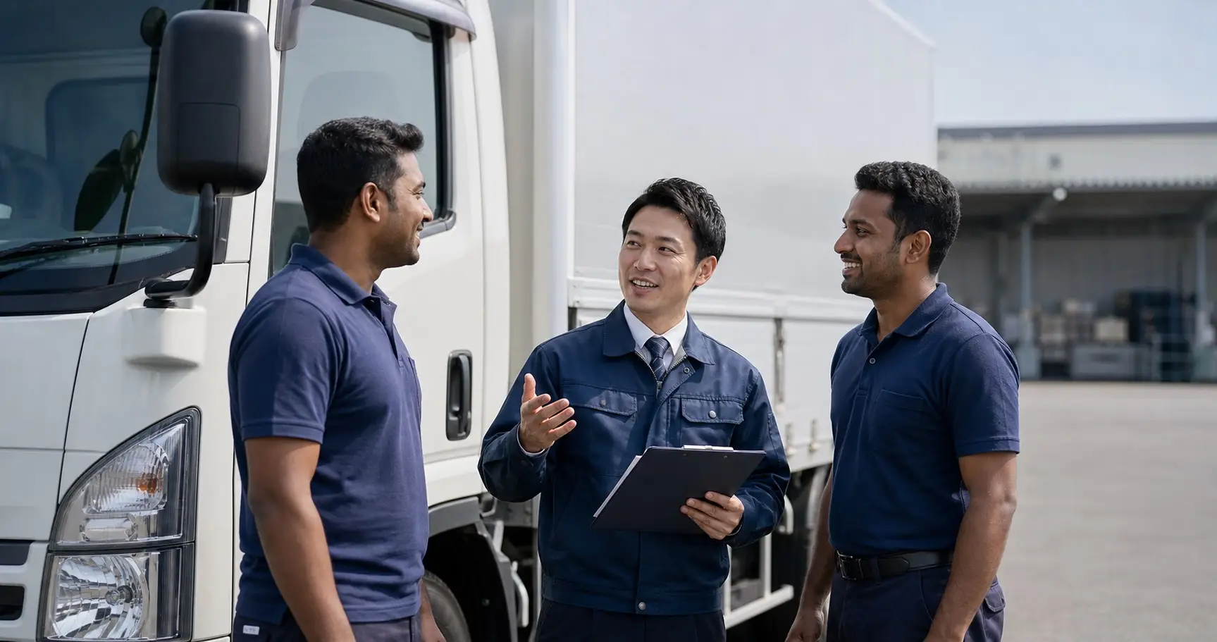 Sri Lankan transport workers speaking with a Japanese workplace supervisor